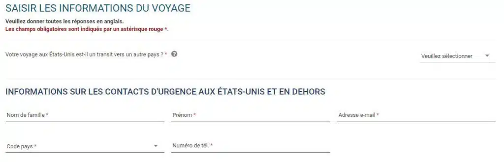 Informations du voyage ESTA