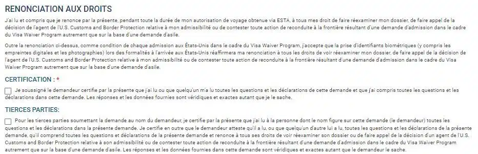 Renonciation aux droits_ESTA